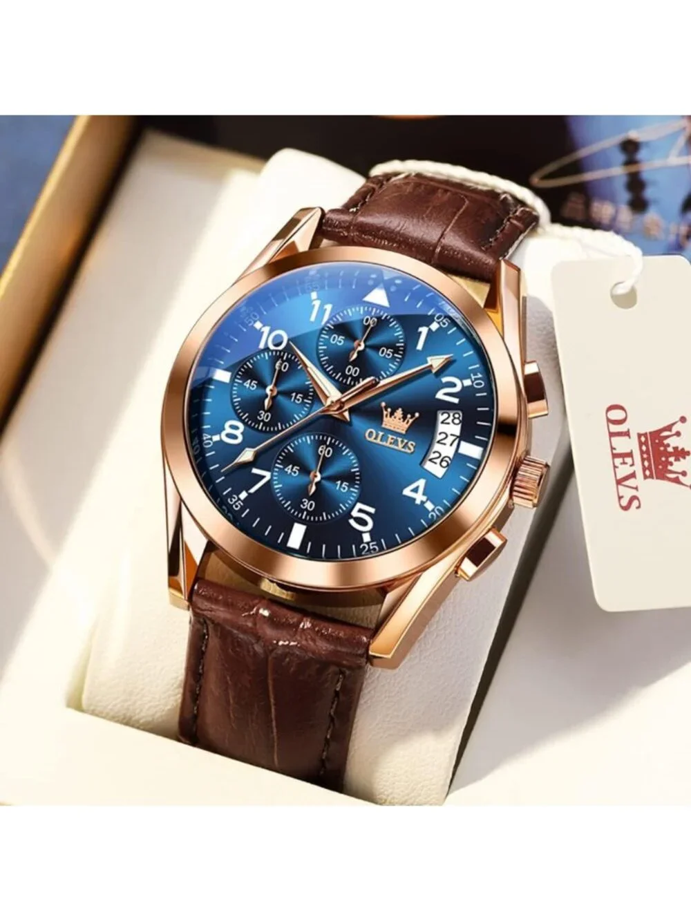Stylish Brown Leather Men's Watch, Large Face Chronograph, Waterproof Analog